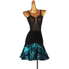 Black latin dance dress with mesh centre panel and turquoise printed flounce hem