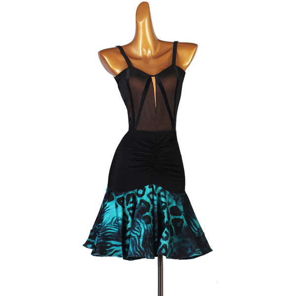 Black latin dance dress with mesh centre panel and turquoise printed flounce hem