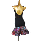 Black latin dance dress rear view with the multicolour printed flounce