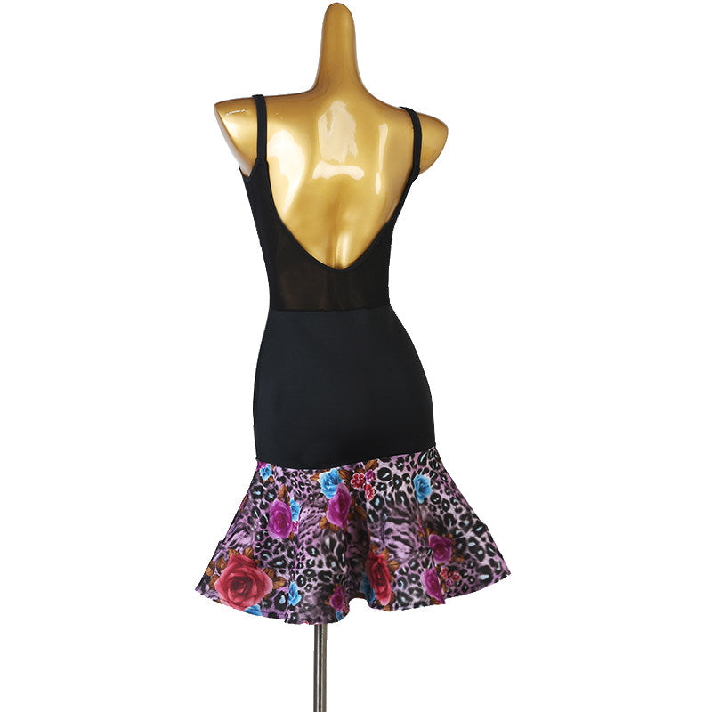 Black latin dance dress rear view with the multicolour printed flounce