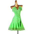 Neon green latin dance dress with fringe V neckline and scattered crystals