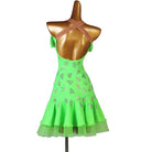 Neon green latin dance dress rear view showing the crossed strap back