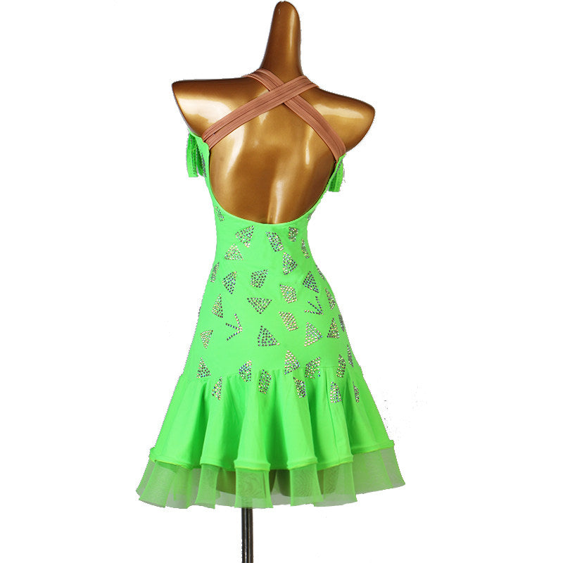 Neon green latin dance dress rear view showing the crossed strap back