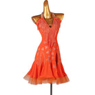 Orange latin dance dress with fringe neckline and crystal scatter