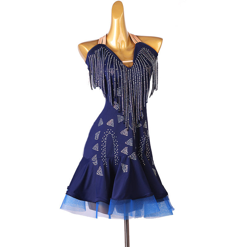 Navy latin dance dress with fringe V neckline and scattered crystals