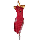 Red latin dance dress with densely set crystals and long pointed hem