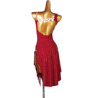 Red dense crystal latin dance dress rear view showing the lace trimmed strap
