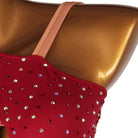 Close view of the nude strap and crystal set red bodice