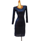 Navy burnout leopard velvet latin dance dress with long sleeves and mesh hem