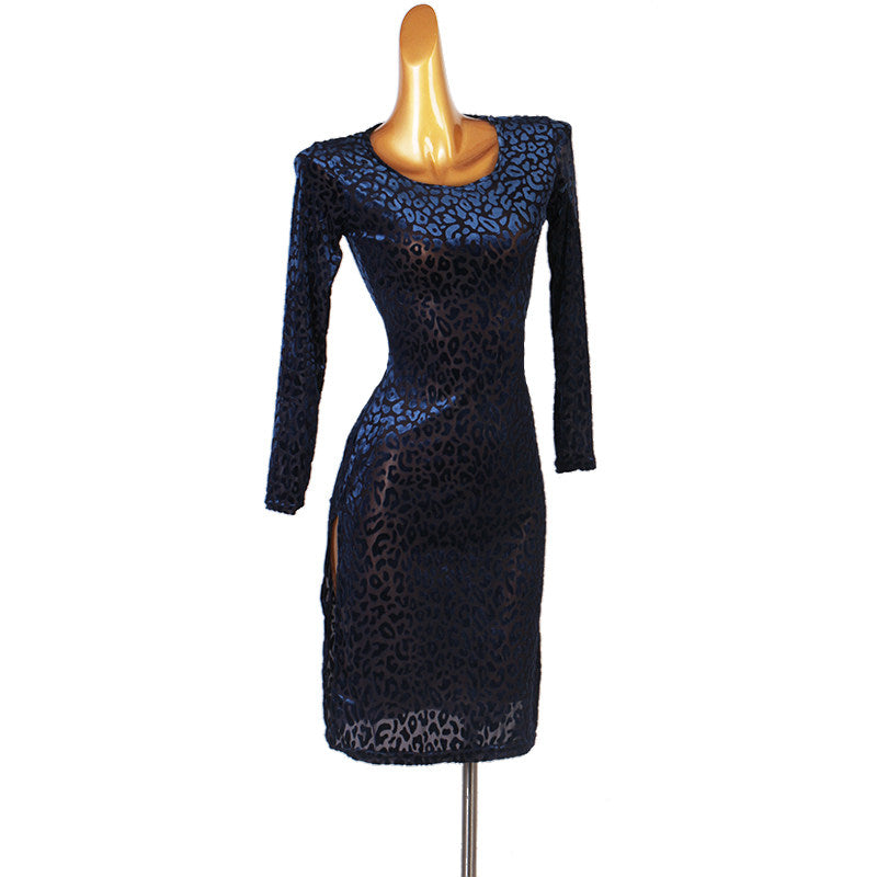 Navy burnout leopard latin dance dress side view with the hem band