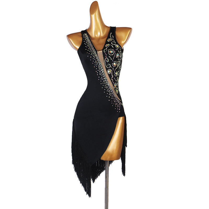 Black latin dance dress with crystal sash, nude mesh insert and pointed fringe hem