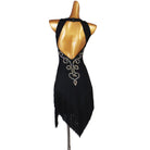 Black crystal sash latin dance dress rear view showing the open back scroll