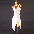 White latin dance dress with crystal sash and long pointed fringe hem