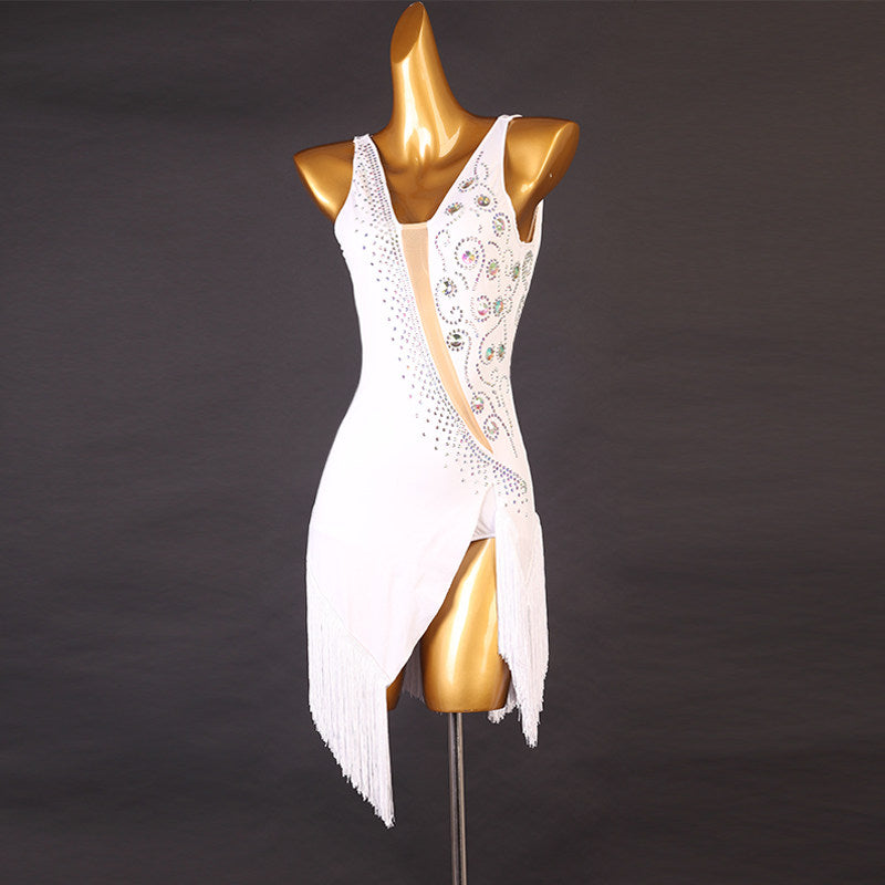 White latin dance dress with crystal sash and long pointed fringe hem