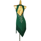 Green crystal sash latin dance dress rear view with the pointed hem