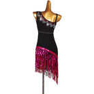 Black and rose latin dance dress angled view showing the stone set straps