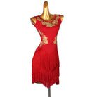 Red gold lace latin dance dress angled view showing the shoulder appliques