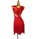 Red gold lace latin dance dress side view with the mesh side panel