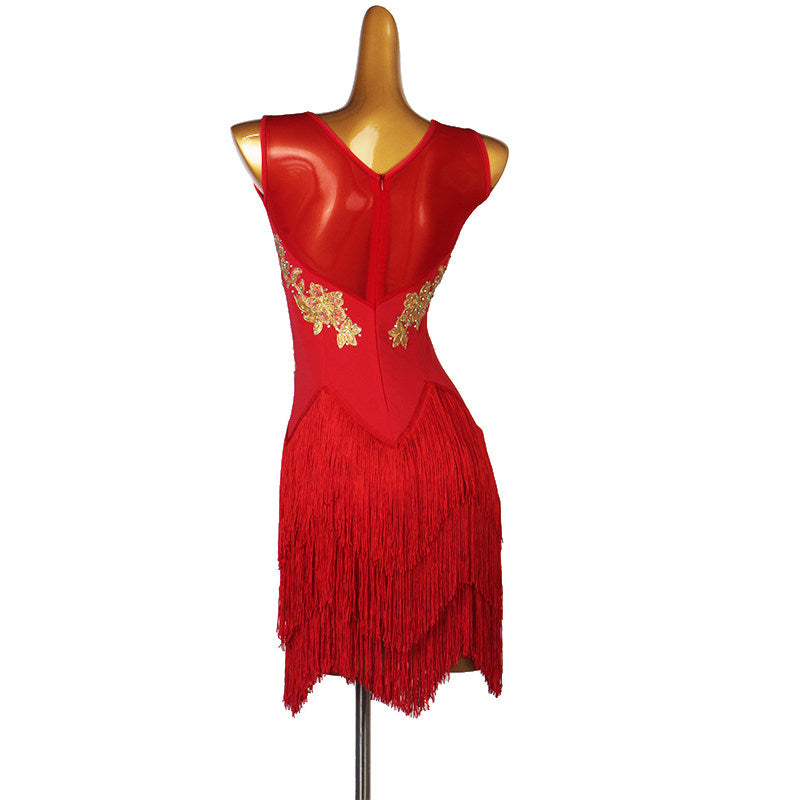 Red gold lace latin dance dress side view with the mesh side panel