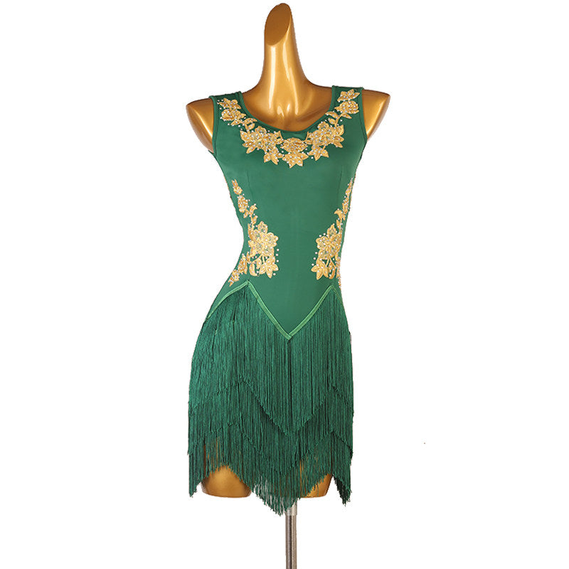 Green gold lace latin dance dress front view showing the fringe tiers