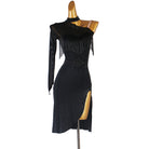 Black latin dance dress with beaded fringe cowl shoulder and diamond belt plate