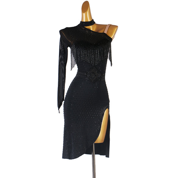 Black latin dance dress with beaded fringe cowl shoulder and diamond belt plate