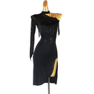 Black beaded fringe latin dance dress angled view with the front slit