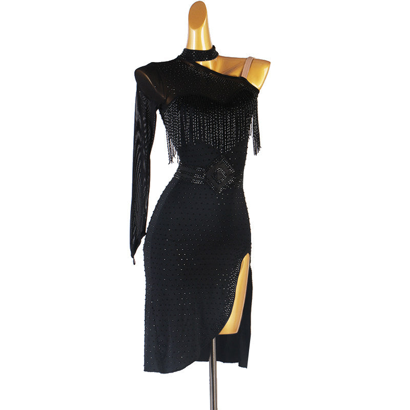 Black beaded fringe latin dance dress angled view with the front slit