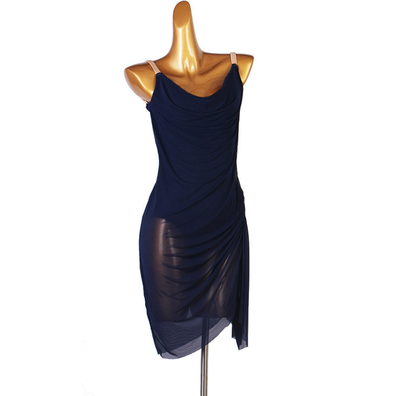 Navy latin dance dress with draped cowl neckline and wrap front hem