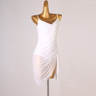 White latin dance dress with soft cowl drape and thin straps