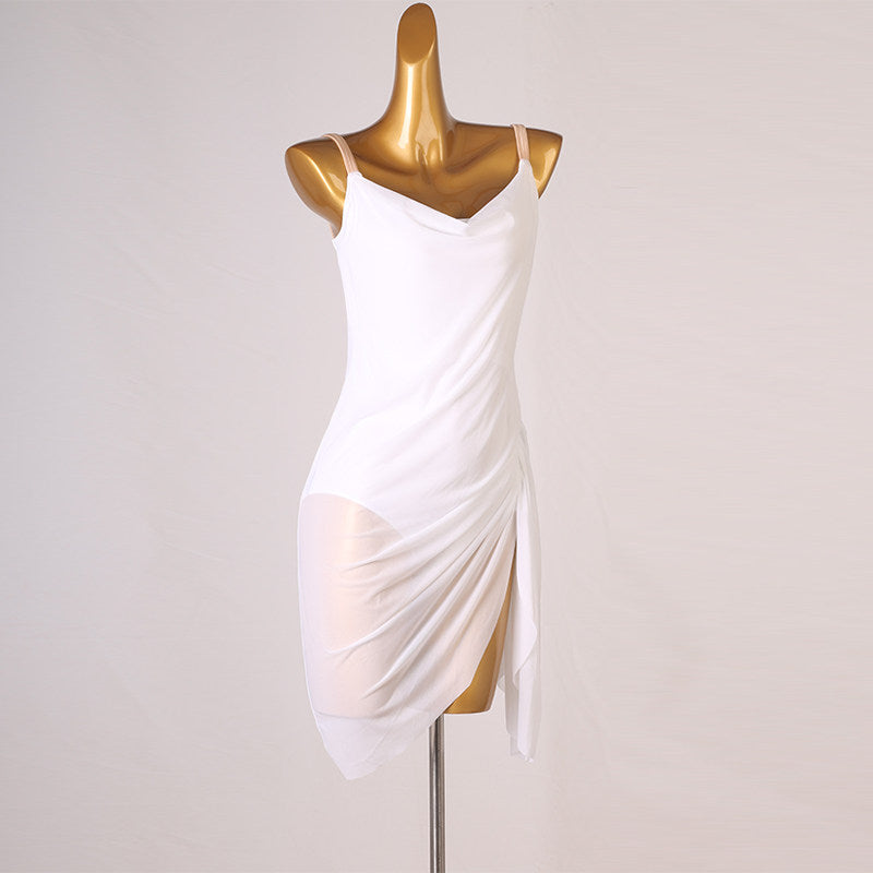 White latin dance dress with soft cowl drape and thin straps