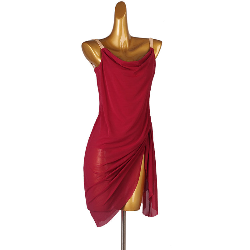 Burgundy latin dance dress with draped cowl and wrap over hem