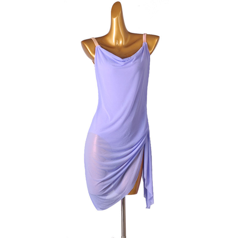 Lilac latin dance dress with cowl neckline and gathered drape front