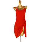 Red latin dance dress with draped cowl neckline and open side hem