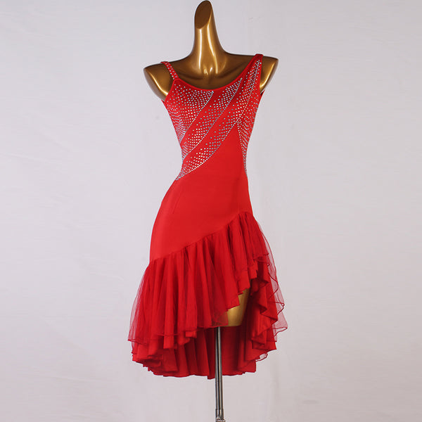 Red latin dance dress with crystal rays up the bodice and lace ruffle hem