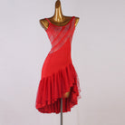 Red crystal ray latin dance dress angled view showing the ruffle layers