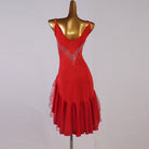 Red crystal ray latin dance dress side view with the high low hem