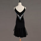 Black latin dance dress with crystal rays and layered lace ruffle hem