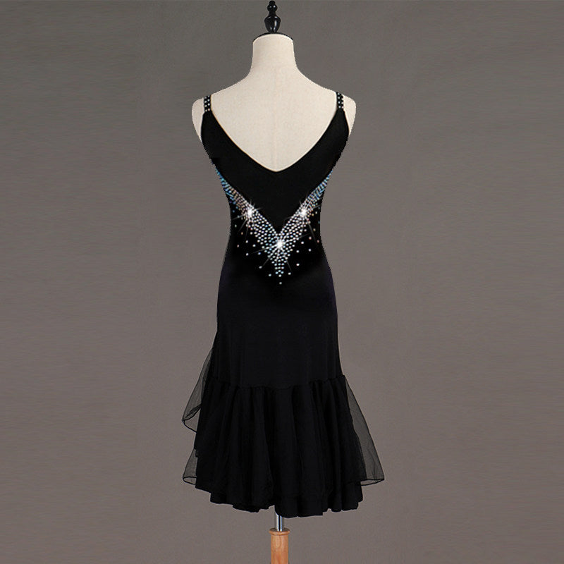 Black latin dance dress with crystal rays and layered lace ruffle hem