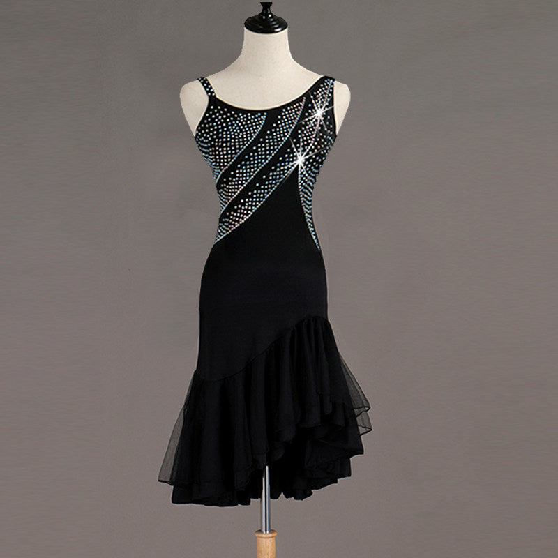 Black crystal ray latin dance dress rear view showing the low back