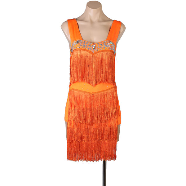 Orange latin dance dress with crystal bust band and full tassel fringe skirt