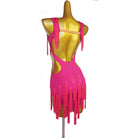 Rose pink latin dance dress rear view with the open back and ragged hem