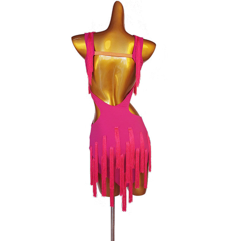 Rose pink latin dance dress side view showing the cutaway waist