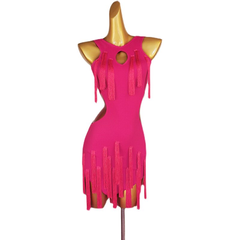Rose pink latin dance dress front view with the hem strips separating