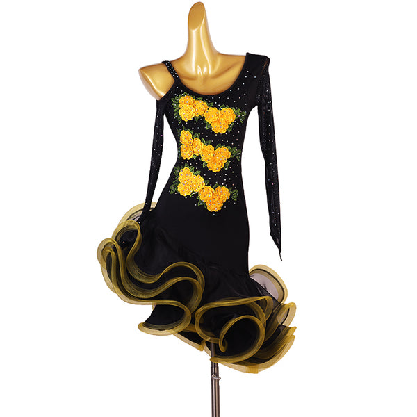 Black latin dance dress with raised yellow rose appliques and gold organza hem
