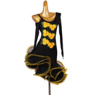 Black yellow rose latin dance dress angled view showing the long sleeve
