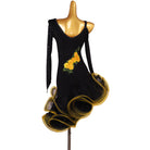 Black yellow rose latin dance dress rear view with the organza hem