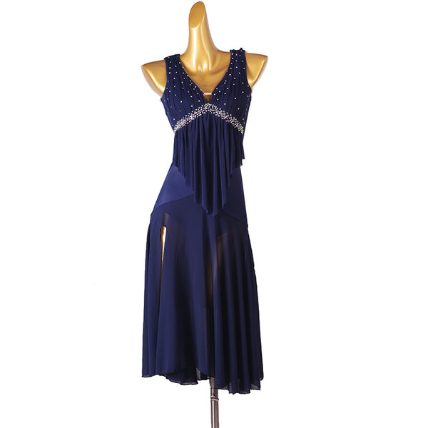 Navy latin dance dress with crystal yoke, draped chest panel and godet skirt