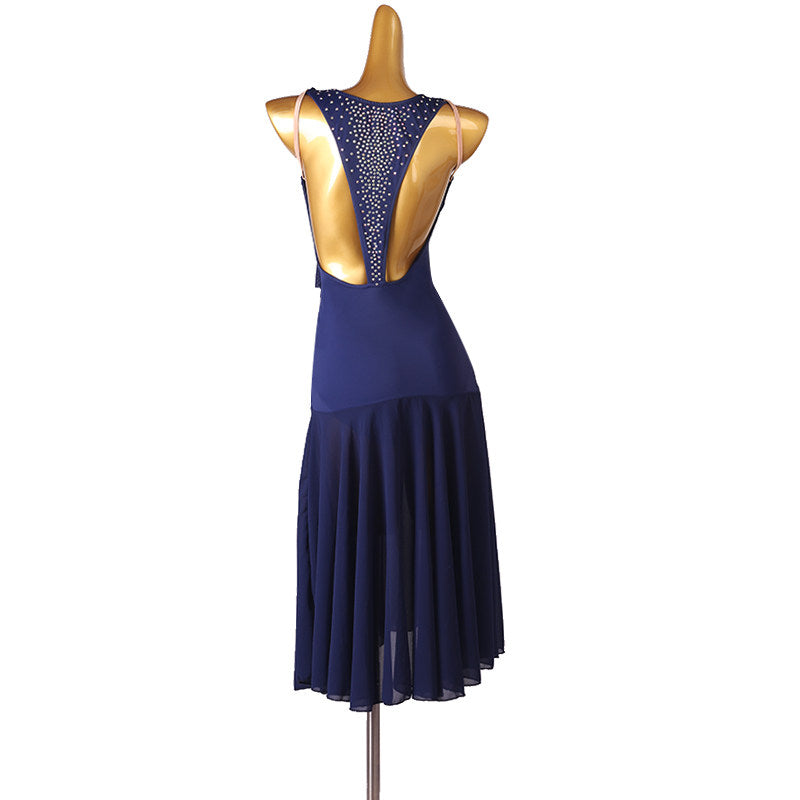 Navy crystal yoke latin dance dress rear view showing the deep open back