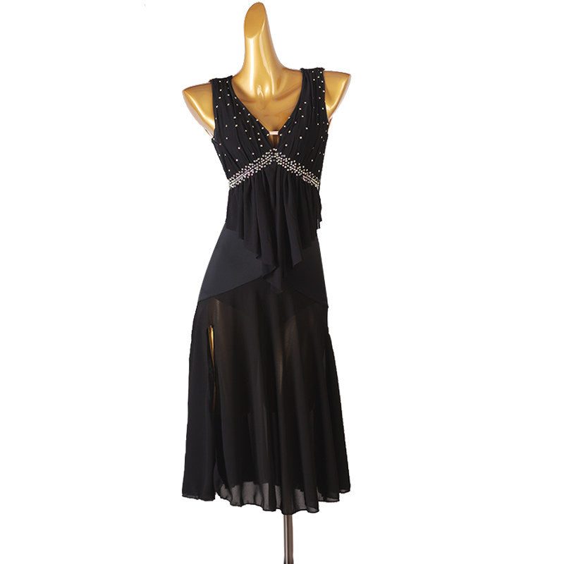 Black latin dance dress with crystal yoke and draped chest panel